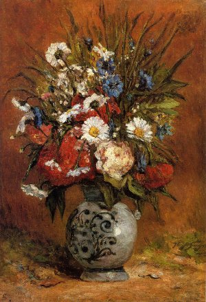 Daisies and Peonies in a Blue Vase by Oil Painting Reproduction