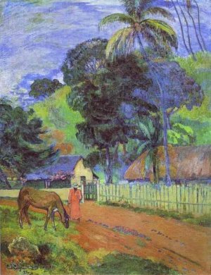 Horse on Road, Tahitian Landscape by Oil Painting Reproduction