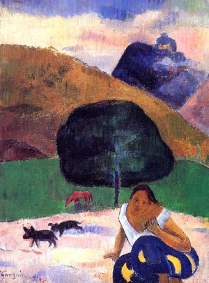 Landscape with Black Pigs and a Crouching Tahitian by Oil Painting Reproduction