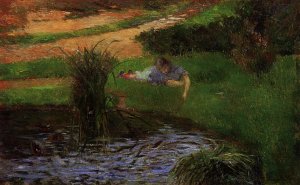 Pond with Ducks also known as Girl Amusing Herself by Oil Painting Reproduction