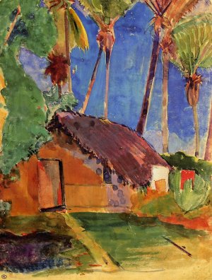 Thatched Hut under Palm Trees by Oil Painting Reproduction